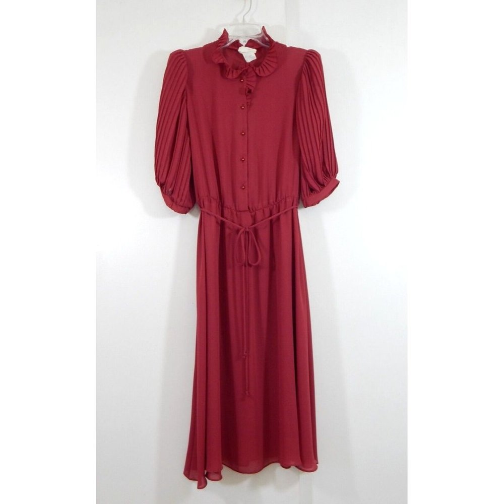 vintage 80s LTD BY ROBERTA dress secretary office puff sleeve ruffle midi rust M